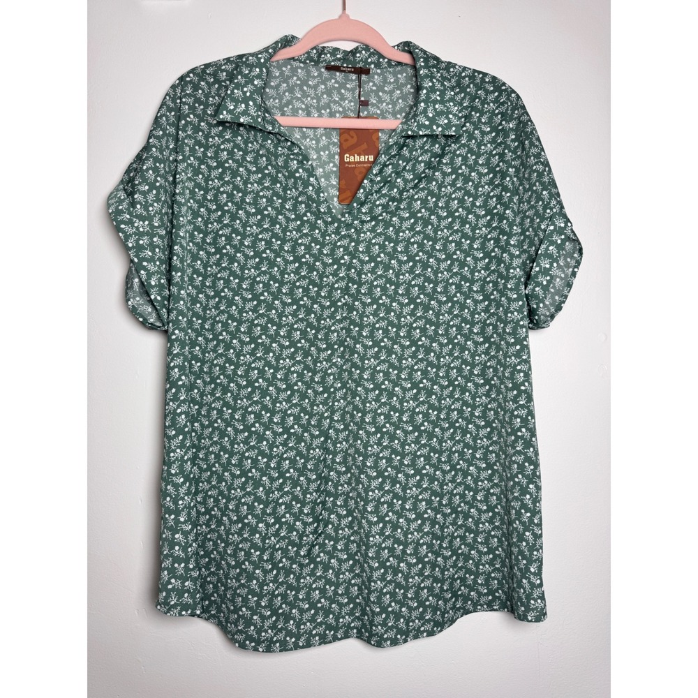Gaharu Womens Green Floral Ditsy Print Short Sleeve V-Neck Blouse Top NEW